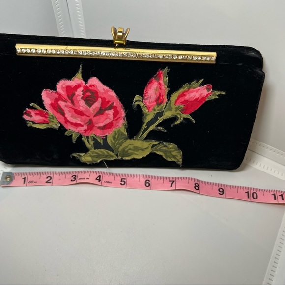 Vintage Velvet Black Clutch With Roses Glued On Sparkly Stones - Picture 2 of 9